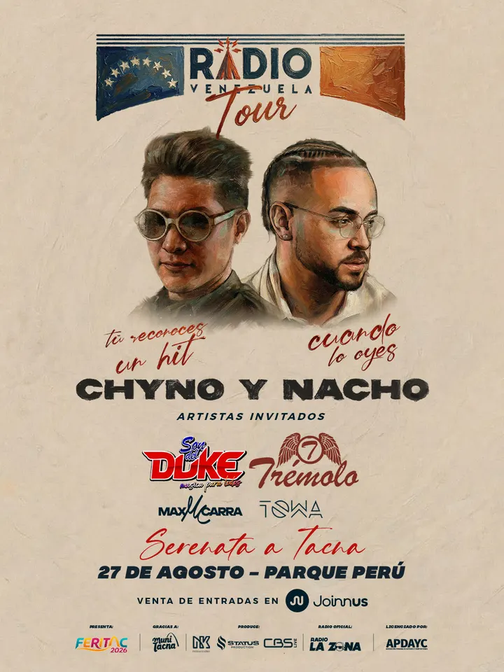 Afiche oficial de Chyno y Nacho en FERITAC 2026, Tacna, 27 de agosto, Parque Perú